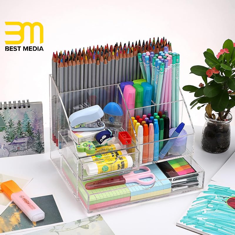 All-in-One Clear Acrylic Office Supplies Organizer, Large Desktop Caddy with 2 Drawers and 7 Compartments for Pens, Paper, and Accessories, Perfect for Home, Office, and Dorm