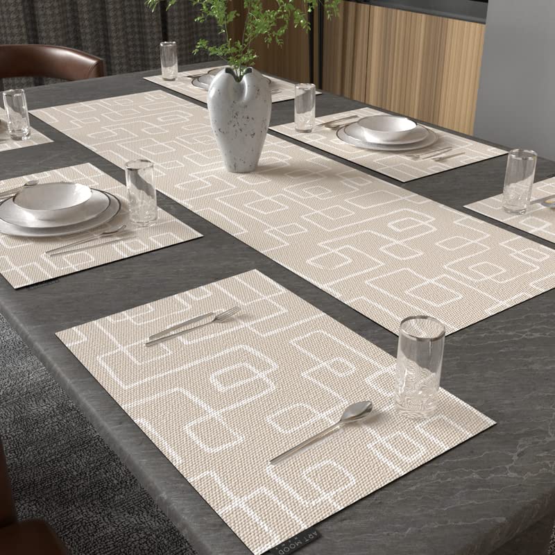 Haven 1 7-Piece Dining Set, includes 6 Durable Canvas Placemats (45x30 cm) and 1 Table Runner (35x140 cm), Beige & Blue, a Minimalist Design to Protect and Beautify your Table