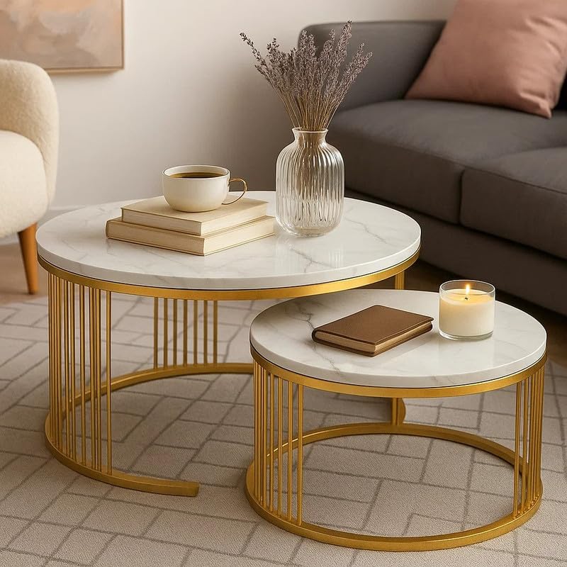 Nesting Coffee Tables, Faux Marble and Gold Elegance, Set of 2 Round Tables with Metal Base, 65x65x45 cm, Space-Saving Design for Living Room, Side Tables for Home