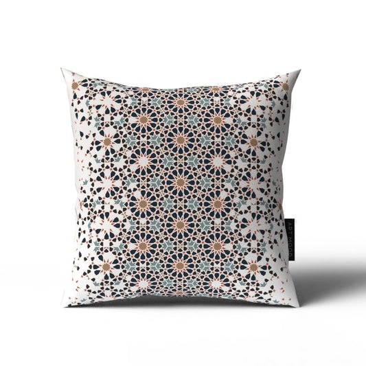Reya Velvet Cushion Cover in White & Blue, a beautiful 40x40 cm decorative throw pillow with a serene Islamic-inspired design, ideal for creating a peaceful and festive Ramadan vibe