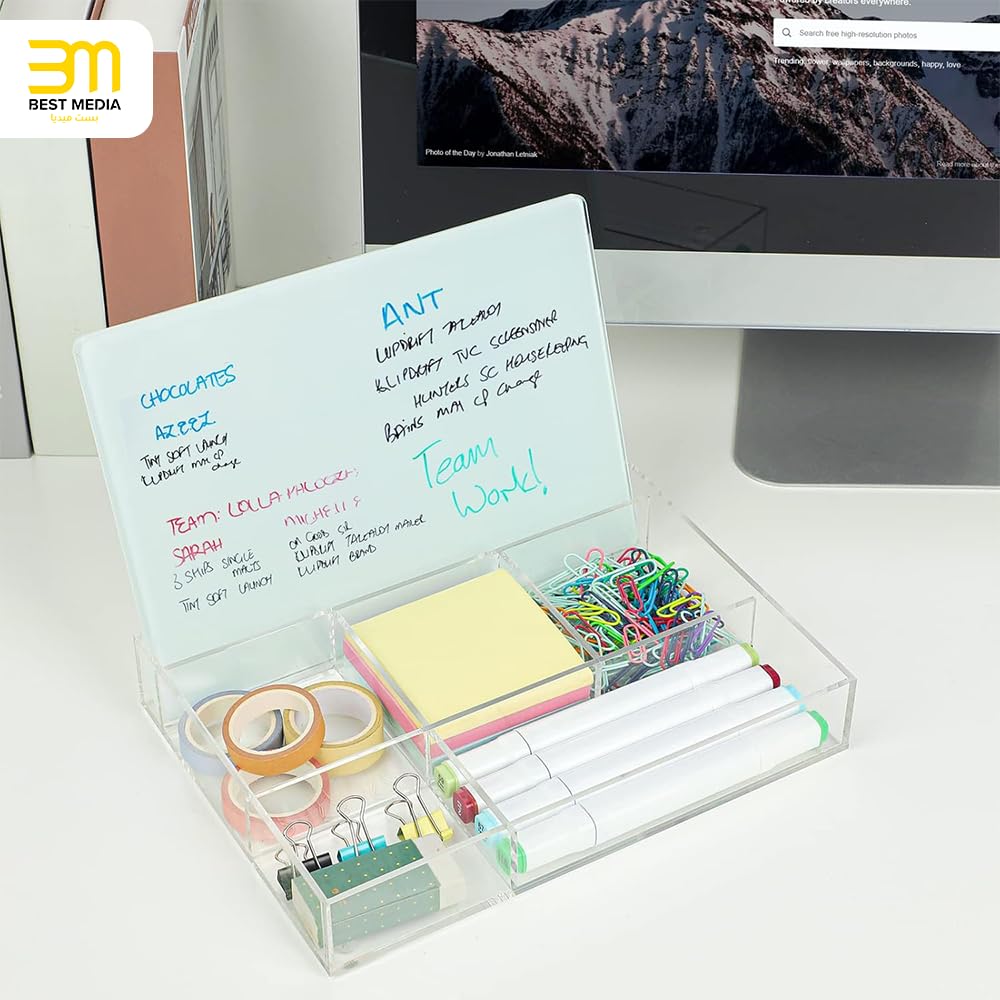 Desktop Glass Dry Erase Board with Organizer, Small Whiteboard with Storage Base and Marker Tray, Modern Desk Pad and Note Board for Office, Home, and School Supplies (White)