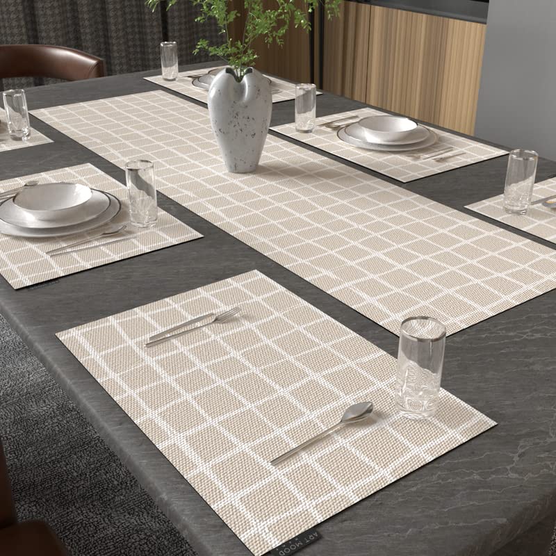 Haven 2 7-Piece Dining Set, includes 6 Durable Canvas Placemats (45x30 cm) and 1 Table Runner (35x140 cm), Beige & Blue, a Chic, Modern Design to Protect and Beautify your Table