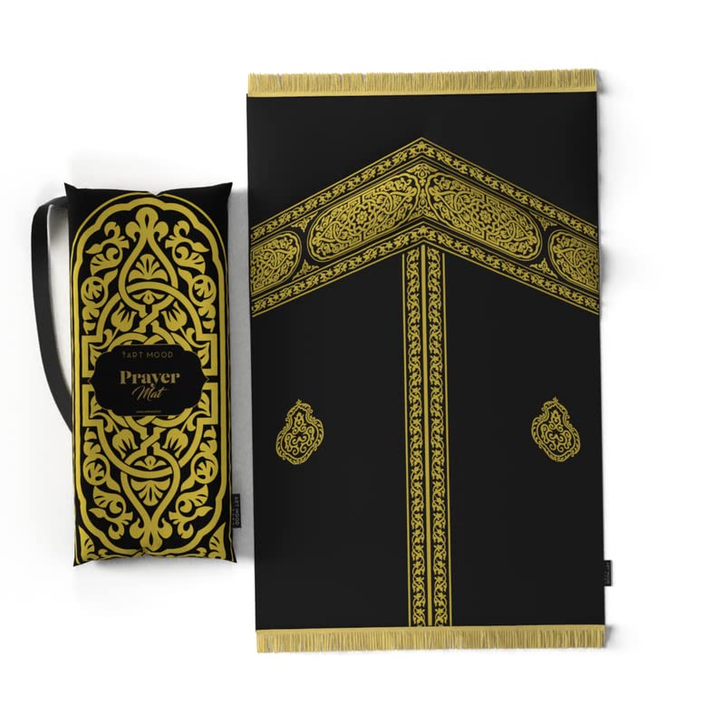 Velvet Padded Prayer Mat in Gold & Black, 68x117 cm, a premium rug with a unique Mecca design and soft cushioning for a comfortable and spiritually uplifting prayer experience