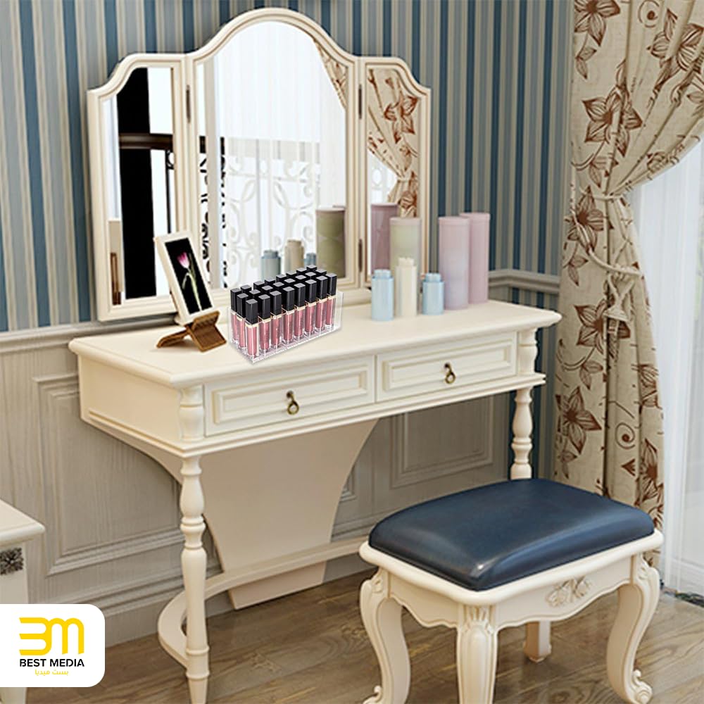 Clear Acrylic Lip Gloss and Lipstick Organizer, 24-Slot Makeup Display Holder for Lipgloss Tubes and Lipsticks, Ideal for Vanity, Bathroom or Beauty Counter Use, Transparent Stand