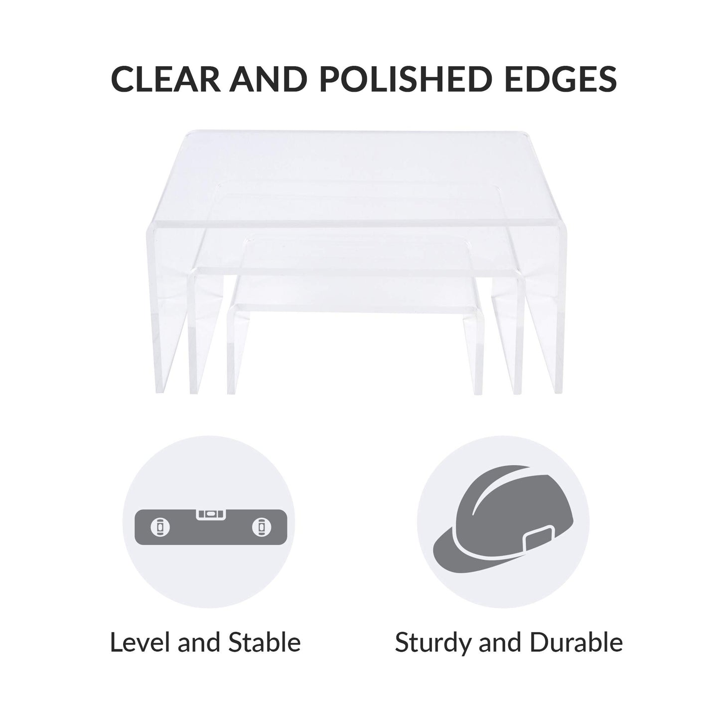 3-Piece Acrylic Display Risers, Medium Clear Tiered Stand Set for Showcasing Cupcakes, Desserts, Jewelry, Figurines, Photos or Candy in Home or Retail Settings, Durable Low Profile, Clear