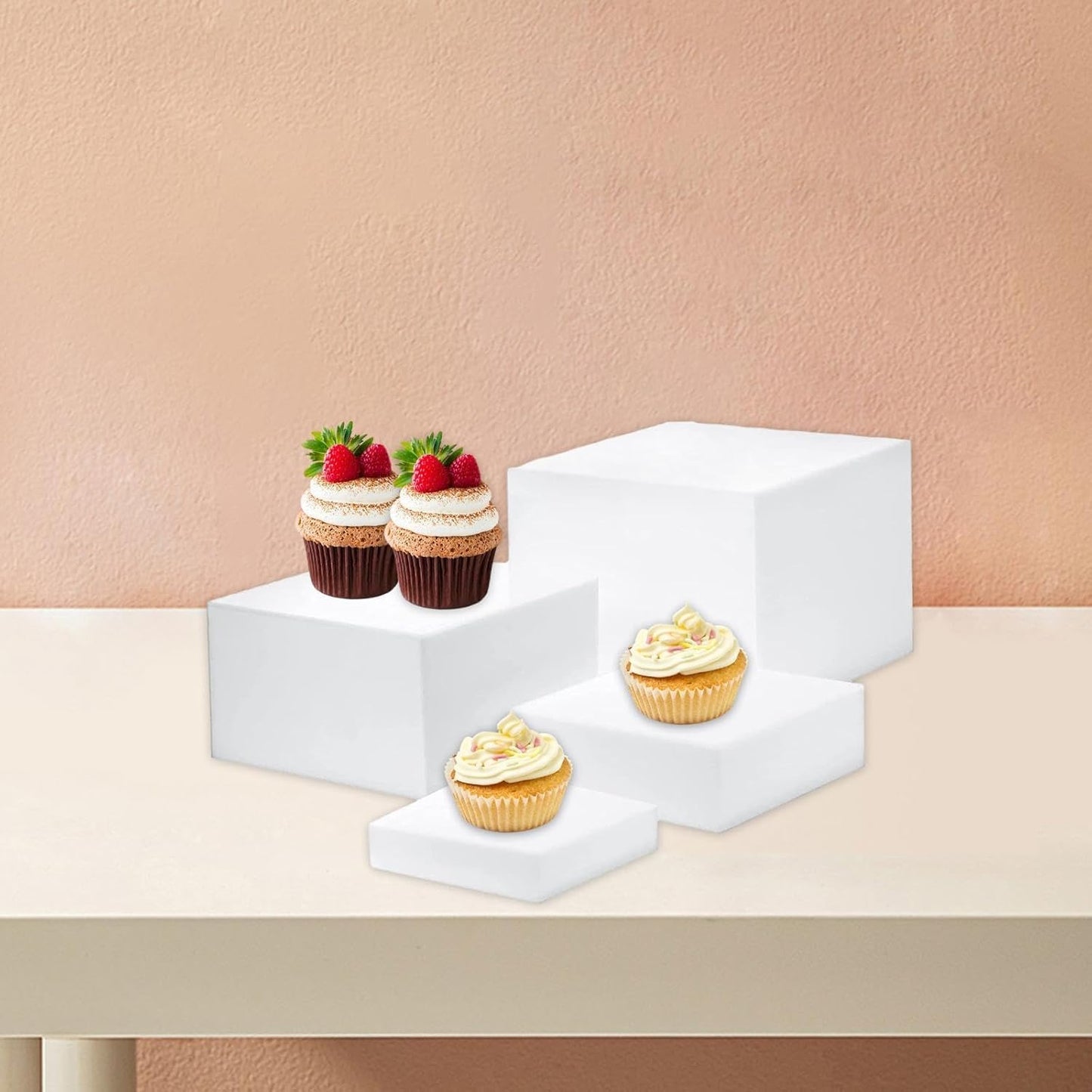 4-Piece Acrylic Buffet Risers, Stackable Cube Display Stand with Interlocking Risers for Candy, Cupcakes and Party Decor, Clear Plinths for Weddings, Birthdays and Events