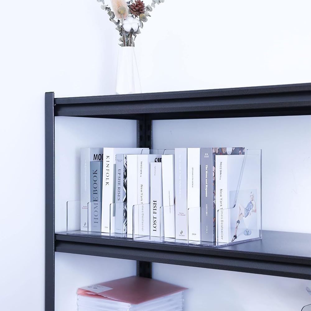 4-Slot Clear Acrylic Desk Organizer, Vertical Magazine and File Holder for Office, Modern Bookshelf for Kids, Sturdy and Transparent Document and Book Sorter for Efficient Storage