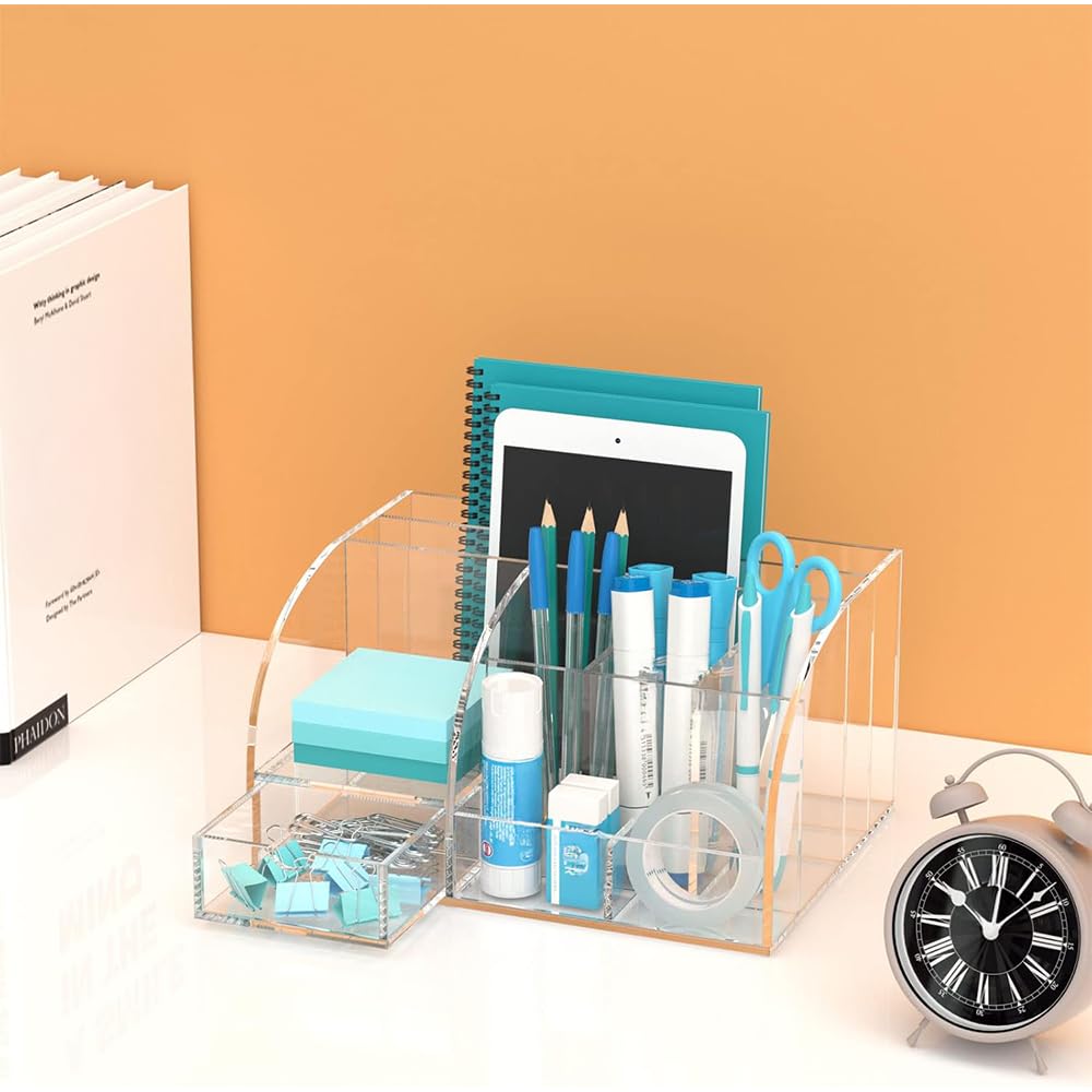 Acrylic Desk Organizer, Clear Office Supplies Storage Solution with 8 Compartments & 1 Sliding Drawer, Multi-Functional Desktop Stationary Caddy for Home, School & Office Use