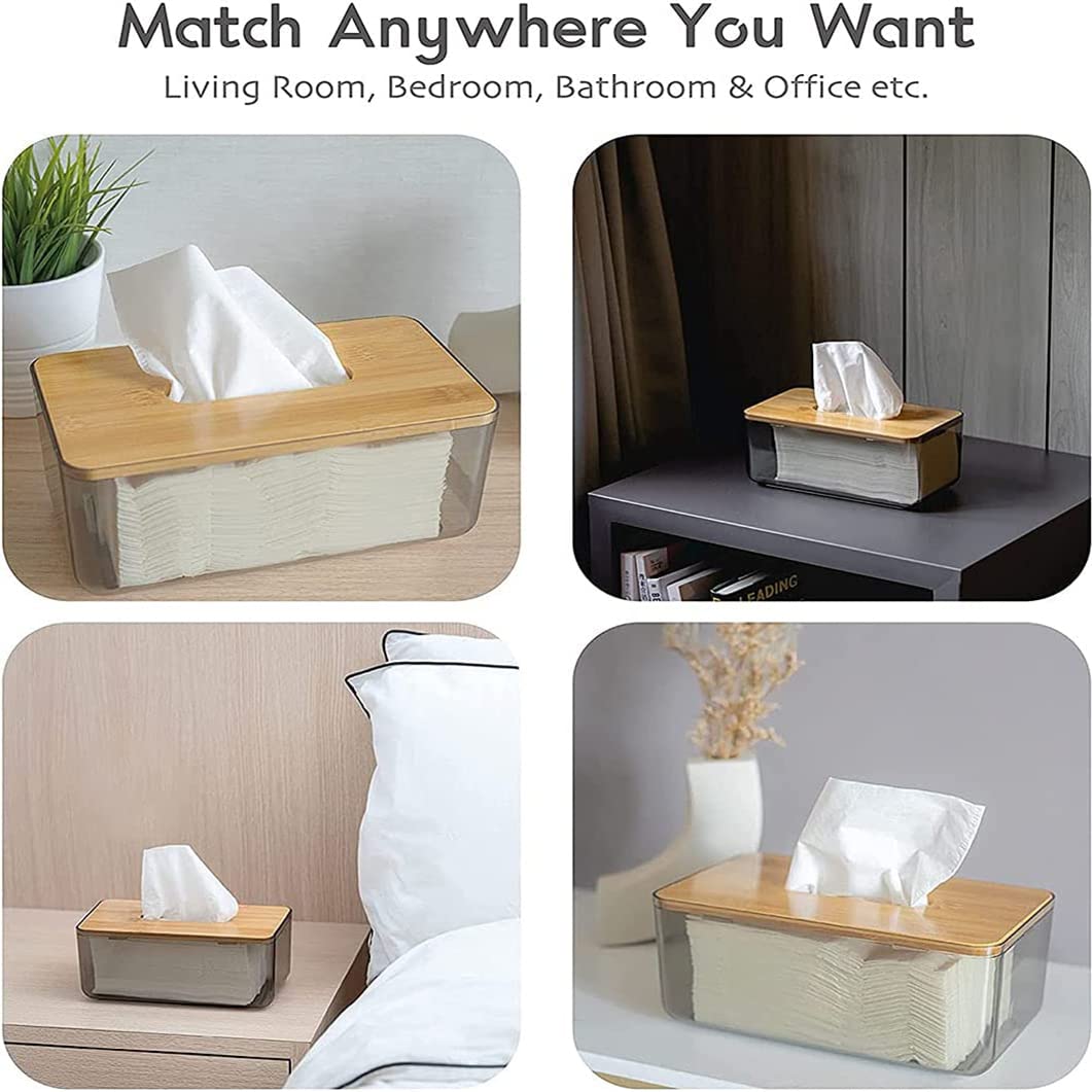 Acrylic Tissue Box Cover, Clear Rectangular Dispenser with Bamboo Wood Lid, Modern Holder for Tissues, Dryer Sheets or Wet Wipes, Bathroom & Living Room Organizer, Clear Gray