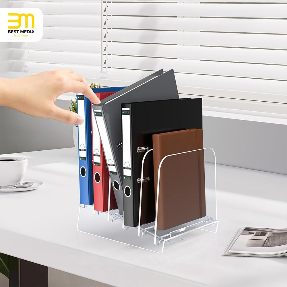 Vertical File Holder and Sorter, 5-Section Clear Acrylic Desktop Organizer Stand for Folders, Mail, and Books, Modern Transparent File Rack for Efficient Office, School, and Home Use