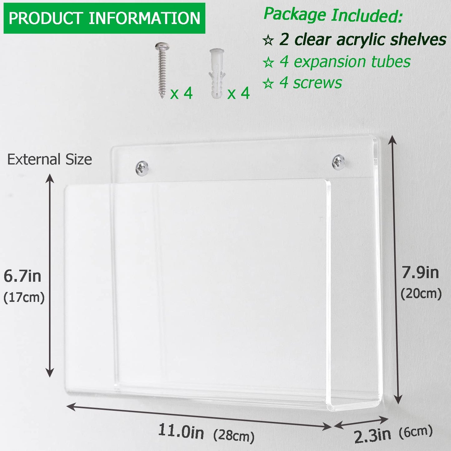 2 Pack Wall Mount Magazine Holder, Clear Acrylic Vertical File Rack and Organizer, Modern Wall-Mounted Bookshelf for Office, Waiting Room, Living Room, and Home Display