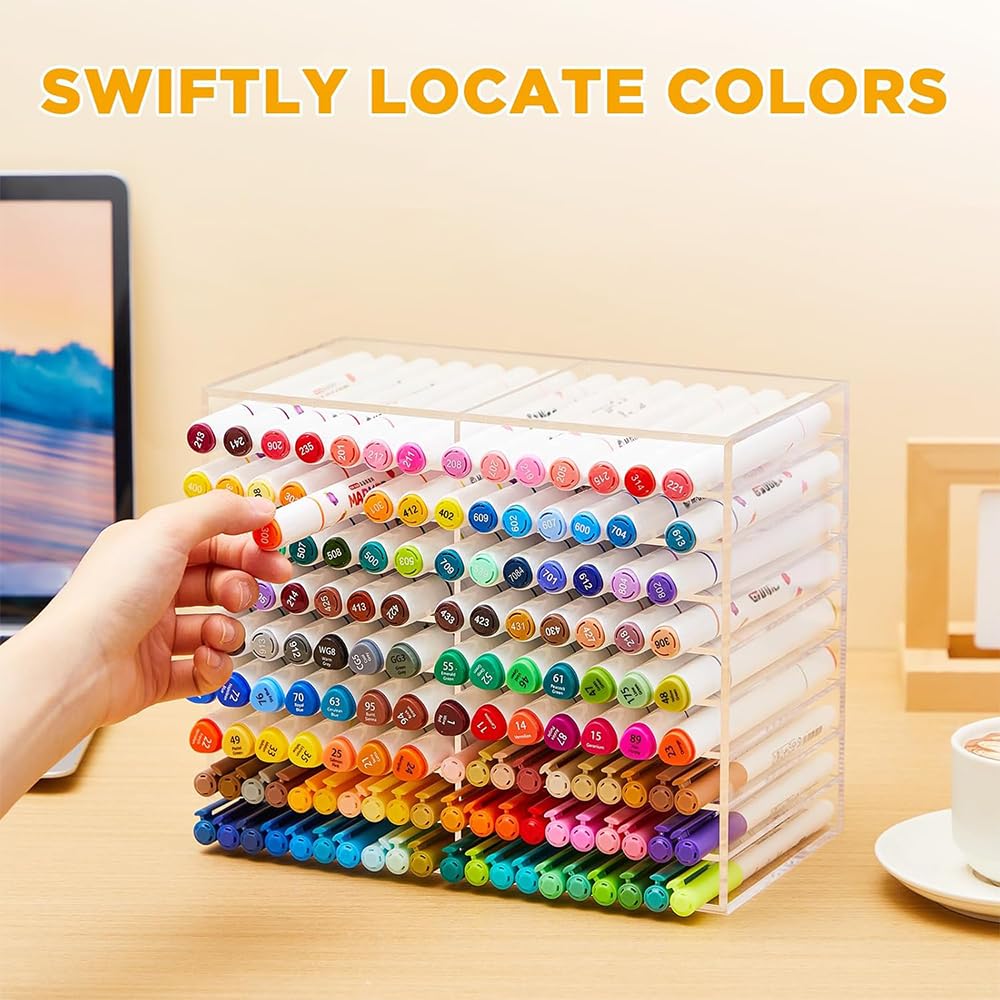 Acrylic Marker Organizer, Clear 126-Capacity Art Marker and Pencil Holder with 18 Compartments, Desktop Display Stand for Pens, Brushes and Office Supplies Storage, Clear