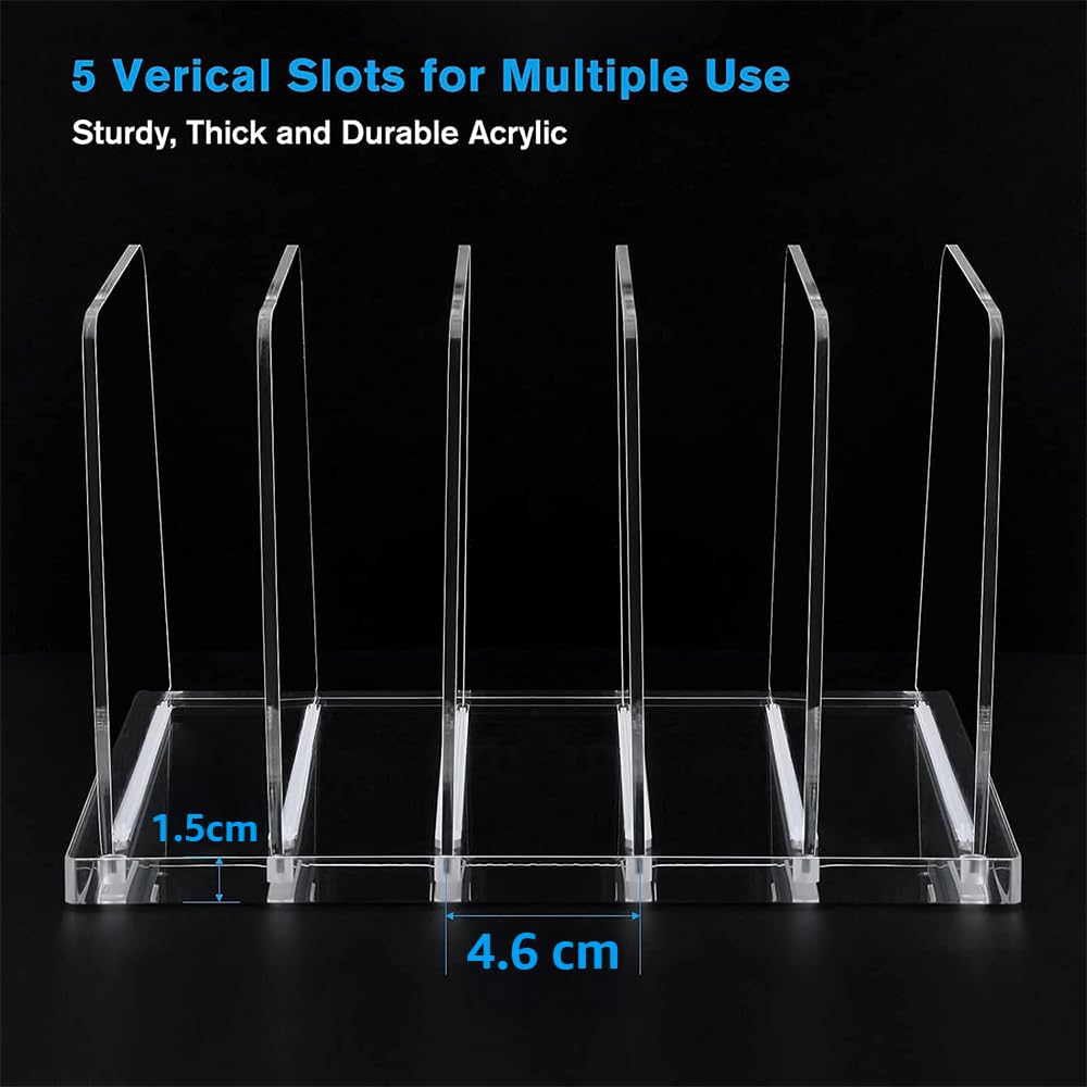 5-Section Vertical Acrylic File Organizer, Clear Desktop File Folder Holder and Sorter Rack, Durable Document Stand for Office, School, and Home Use, Modern and Sleek Workspace Accessory