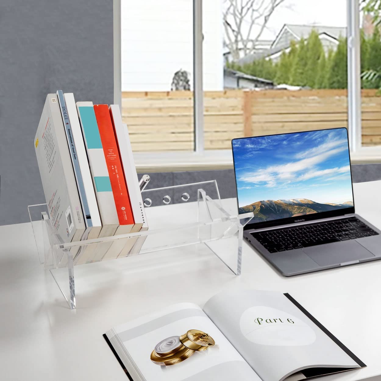 Large Acrylic Desktop Bookcase and Organizer, Clear Modern Tabletop Book Storage Bookshelf and Rack, Sturdy Display Stand for Books, Files, and Binders for Home and Office Use