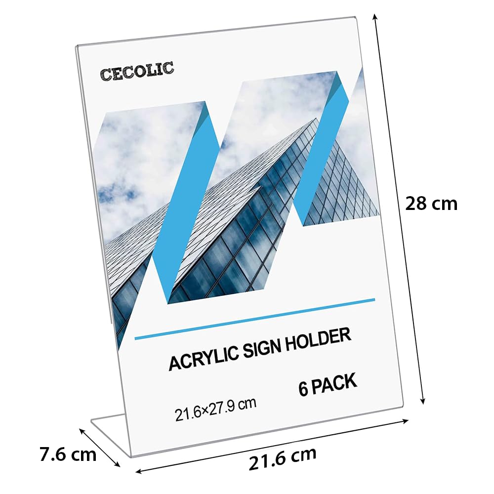 Acrylic Sign Holder, 6-Pack Clear Slant Back Display Stands, 21.6 x 27.9 cm Holders for Menus, Flyers, Documents, Papers and Photos, Suitable for Office, Desktop, Counter and Event Use