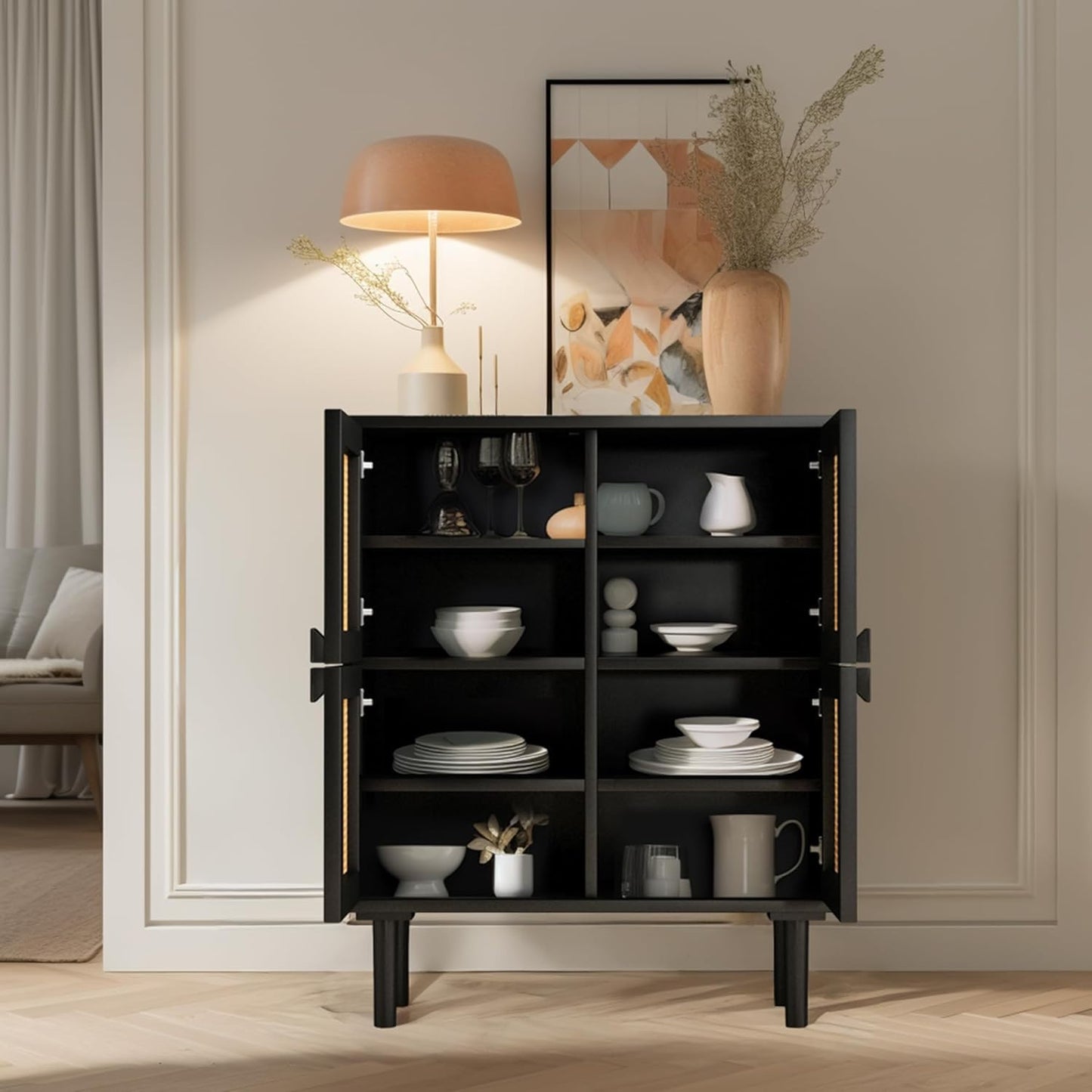 Modern Rattan Storage Cabinet, 4-Door Design with Black Frame, Living Room Furniture