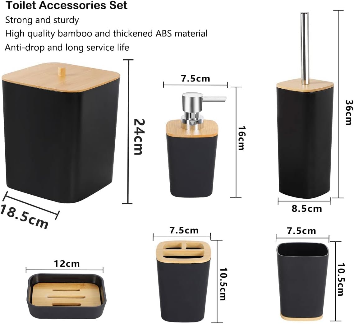 6-Piece Bamboo Bathroom Accessories Set – Bathroom Set with Trash Can, Toothbrush Holder, Soap Dish, Soap Dispenser & Cup – Stylish & Durable for Home Décor