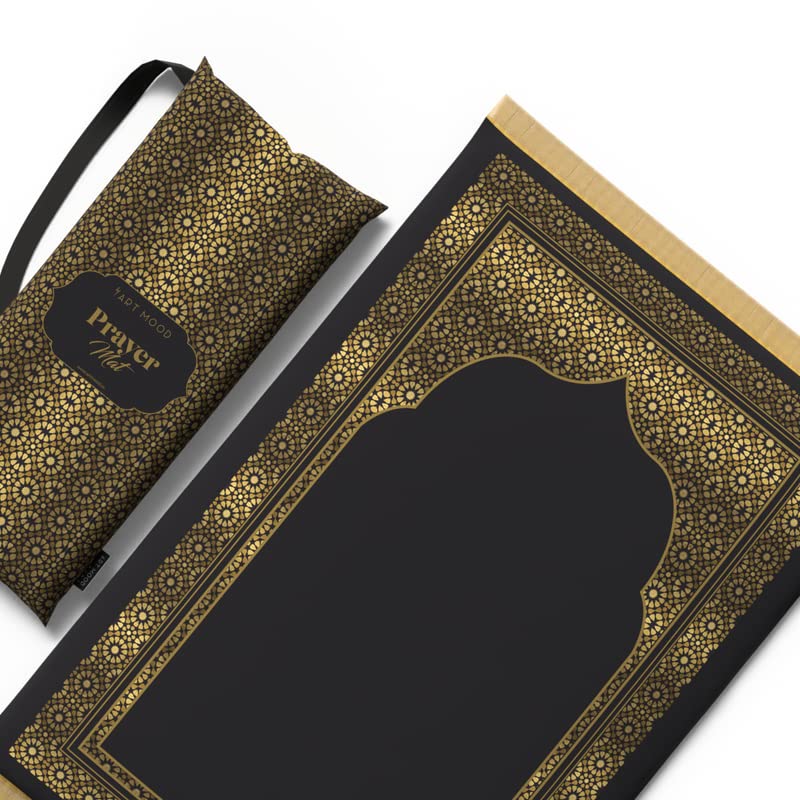 Velvet Prayer Rug Mat in classic Gold and Black, 68x117 cm, made from a soft material to provide a comfortable and dedicated space for your daily Islamic prayers and devotion at home