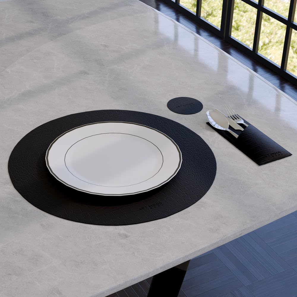Leather Placemat Set with Coasters And Holders - Faux Leather Dining Table Protection - Heat And Scratch Resistant