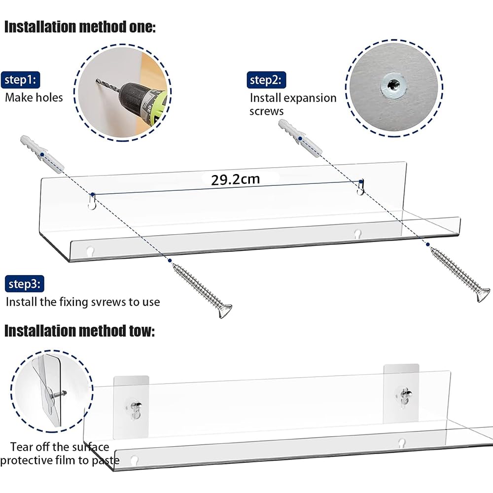 2 Pack No-Drill Acrylic Floating Shelves for Wall, 40 cm Clear Adhesive Display and Storage Racks, Modern Picture Ledge for Bathroom, Bedroom, Living Room, and Office