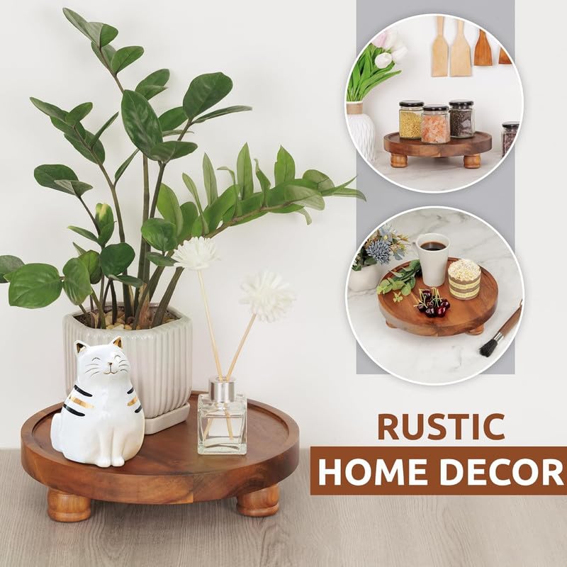 Natural Wood Round Pedestal Stand, Rustic Decorative Riser for Displaying Plants, Candles, and Centerpieces, Elegant Wooden Tray for Kitchen Countertop & Table Decor