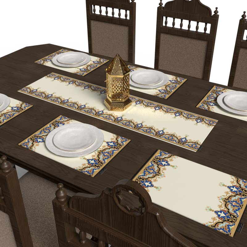 Taj 7-Piece Dining Linens Set, includes 6 multicolor canvas placemats (45x30 cm) and 1 table runner (35x140 cm), with a regal Islamic design for a majestic and festive tablescape