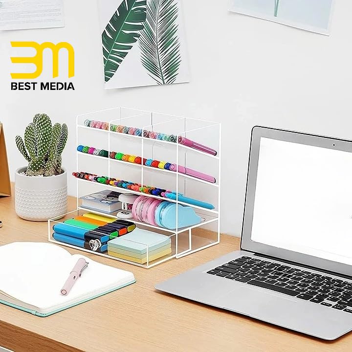 Clear Acrylic Pen Organizer for Desk, 12-Compartment Desktop Storage Caddy with Integrated Drawer, Multi-functional Holder for Pens, Markers, and Art Supplies for Home and Office
