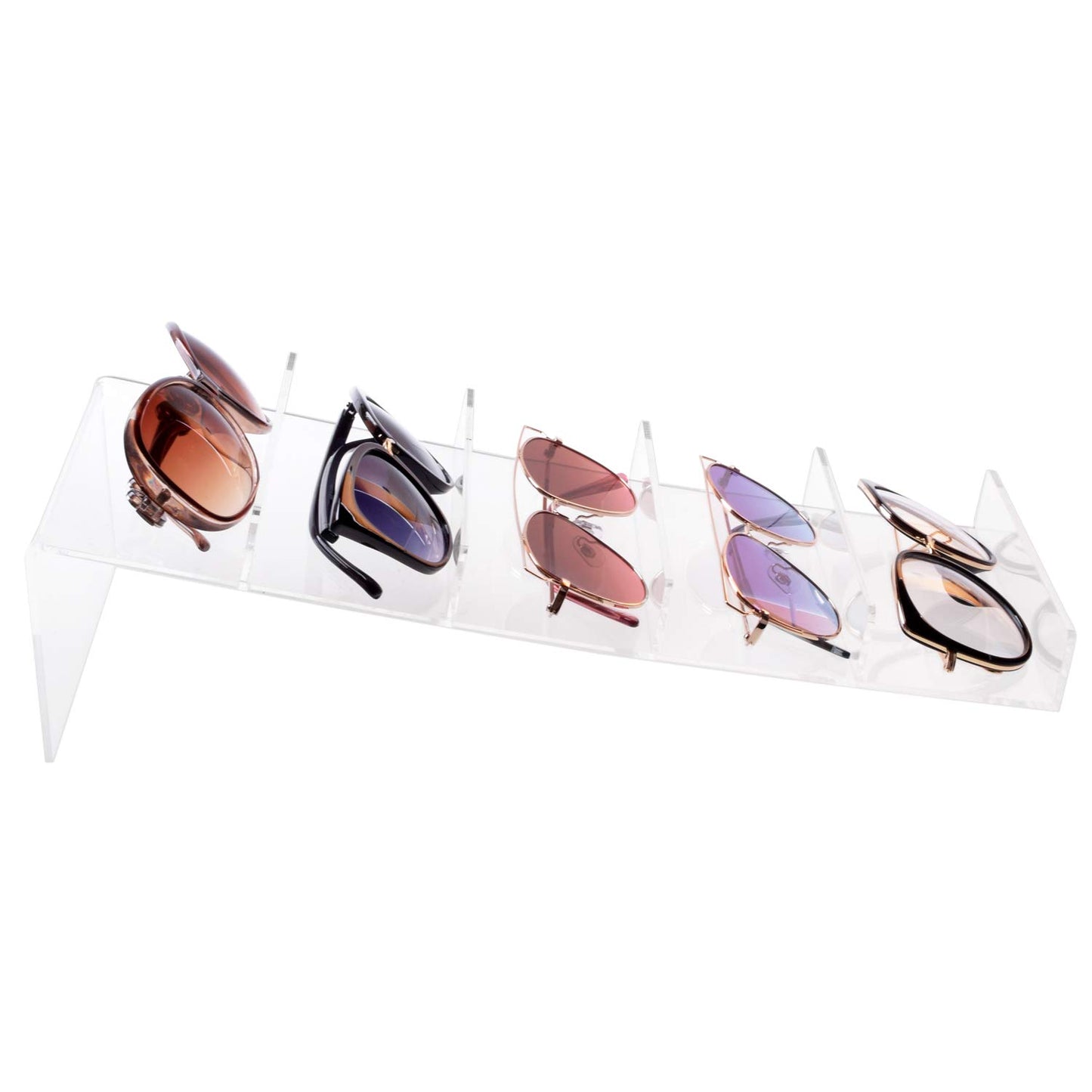 Acrylic Eyewear Stand Holder, Clear Display Rack Organizer for 5 Pairs of Eyeglasses or Sunglasses, Vertical Storage Stand for Desktop, Closet, or Retail Counter Use, Clear