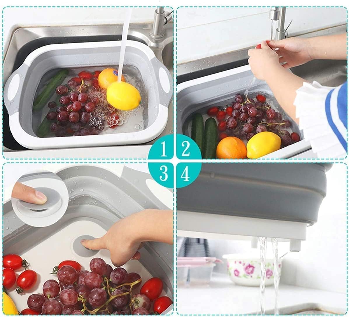 Multifunctional 4 in 1 Plastic Foldable Chopping Ourmah - Collapsible Dish Tub - Vegetable - Fruit Washing - Drain Basket with Plug - Collapsible Wash Basin - Serving Tray - Now for DIY Pegui Bell