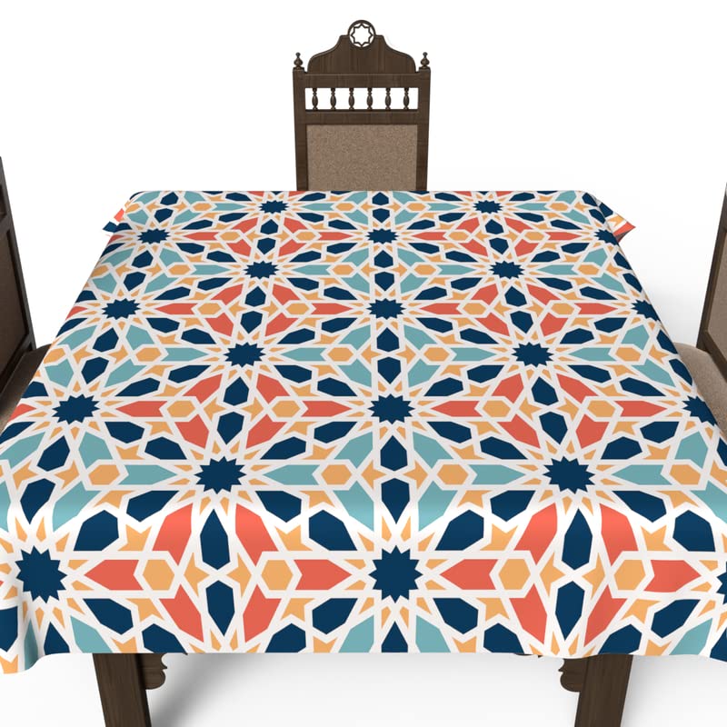 Islamic Arabesque Waterproof Tablecloth, a Multicolor 140x140 cm Square Table Cover of Spillproof Polyester with an Islamic Pattern, a Durable Protector for Festive Family Gatherings