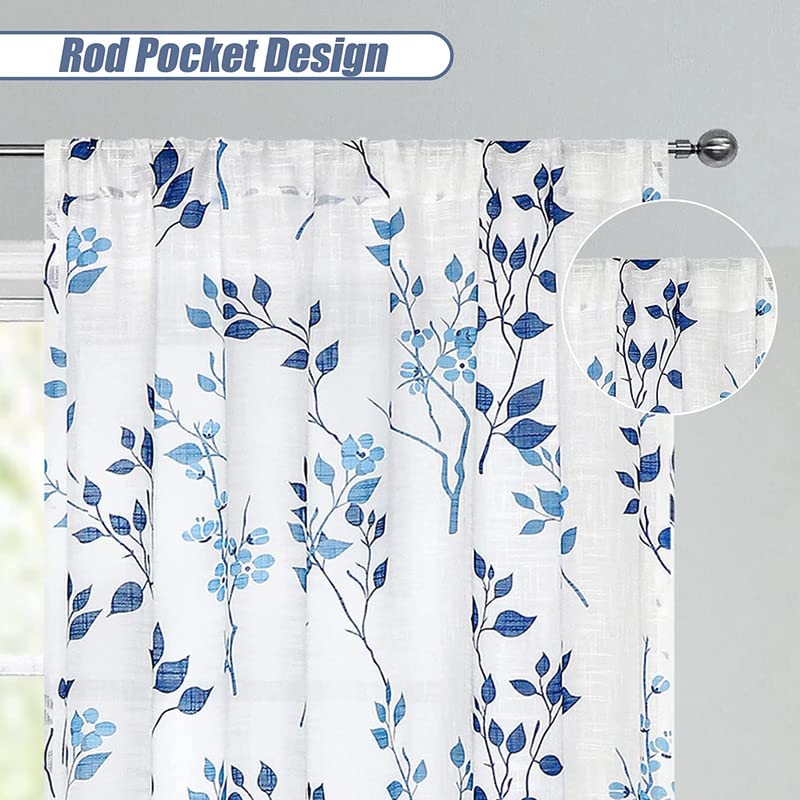 Rich Natural Linen curtains - Printed floral curtains- Semi-transparent - Road Pocket grommets for living room, bedroom, kitchens, 1 piece