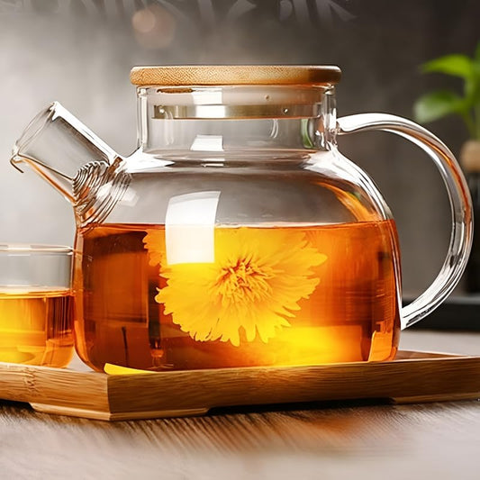 Glass Teapot with Infuser - 1000ML Borosilicate Teapot with Stainless Steel Strainer and Bamboo Lid, Stovetop Safe, Comfortable Handle, Ideal for Loose Leaf Tea And Fruit Tea