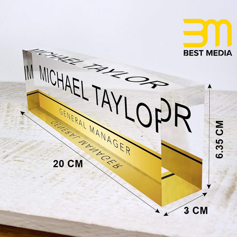 Personalized Office Desk Name Plate – 20.3 x 6.4 cm Custom Plate on Clear Acrylic Glass Block, Professional Customized Desk Sign with Name and Title, Modern Office Decor