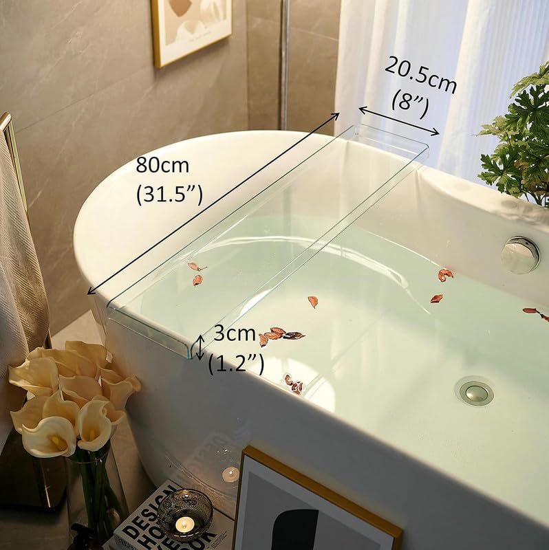 Bathtub Tray Caddy, Luxury Acrylic Bath Tub Shelf and Organizer, Clear Rack with Tablet Holder, Ideal for Holding Books, Candles, Toiletries and Spa Essentials, Clear