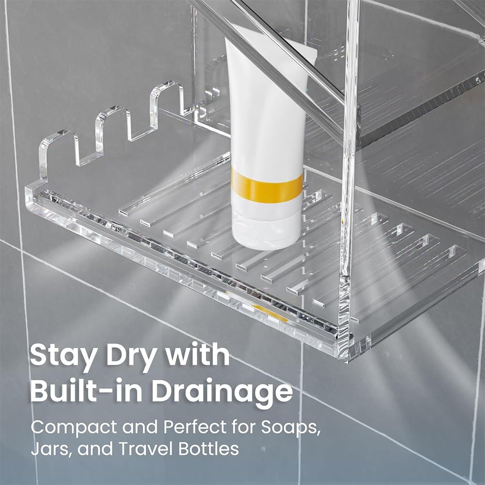Acrylic Bathroom Organizer, Clear Wall-Mounted Shower Caddy with Suction Cup, No-Drill Rustproof Shampoo and Soap Holder Shelf, Durable Storage for Bathroom and Shower Walls