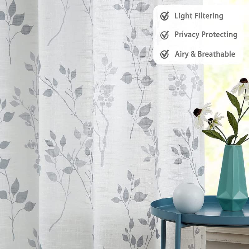 Rich Natural Linen curtains - Printed floral curtains- Semi-transparent - Road Pocket grommets for living room, bedroom, kitchens, 1 piece