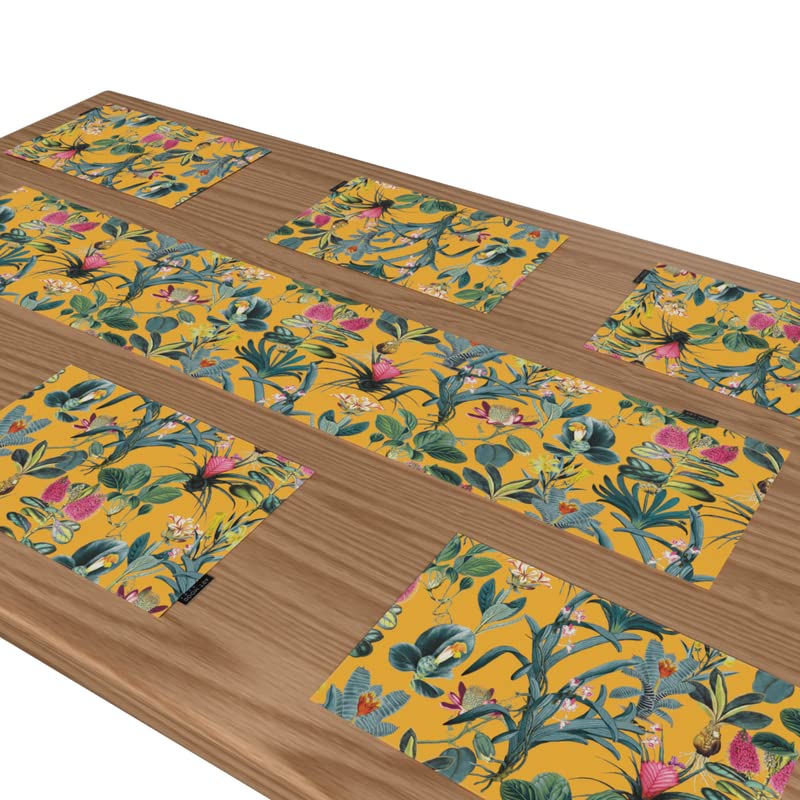 Floral Yellow Canvas Placemats Set of 6, multicolor table mats, each 45x30 cm, durable and washable with a sunny floral design to bring a cheerful, garden-fresh vibe to your table