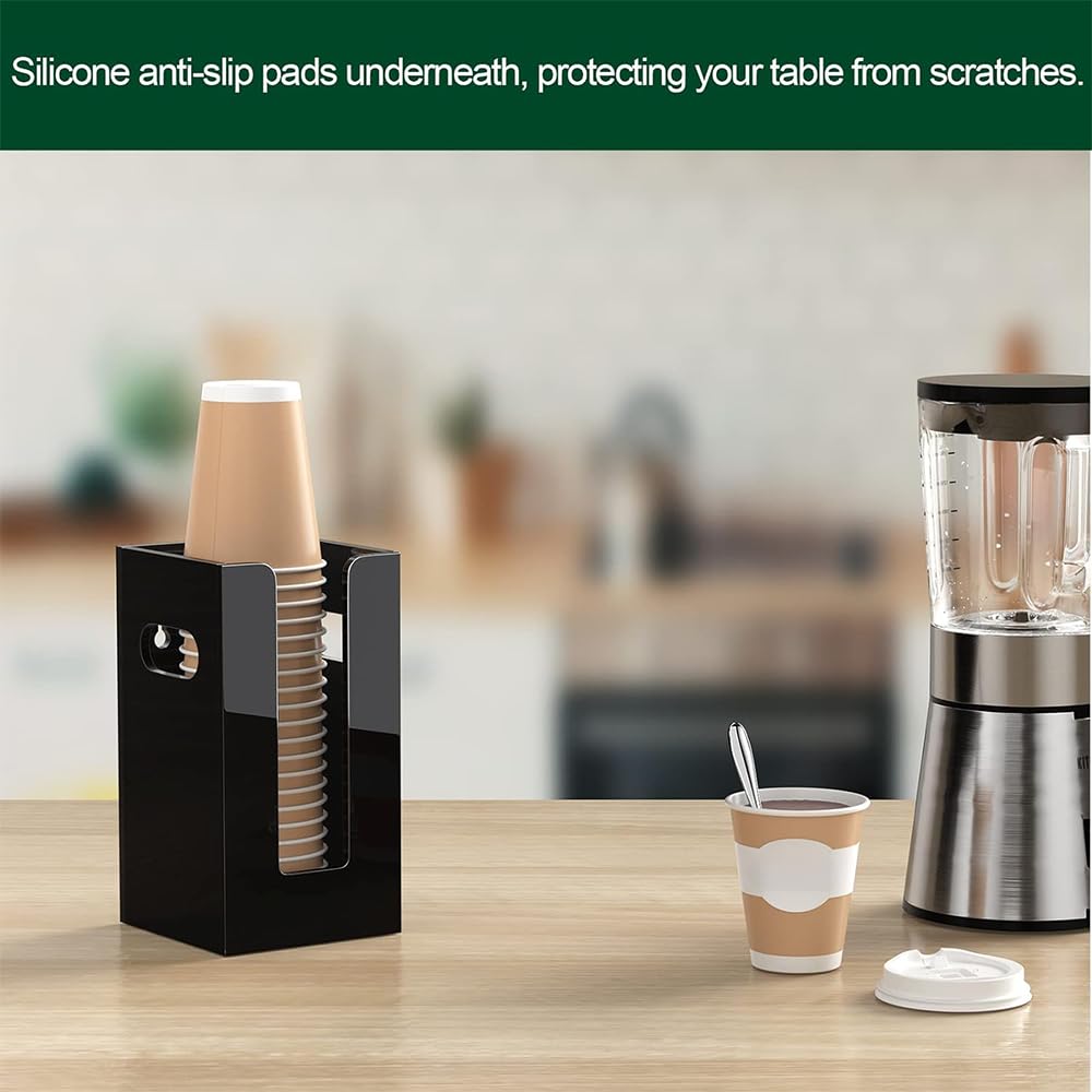 Clear Acrylic Coffee Cup Dispenser with Handles, 1 Compartment Countertop or Wall Mounted Organizer for Hot and Cold Drink Cups and Lids