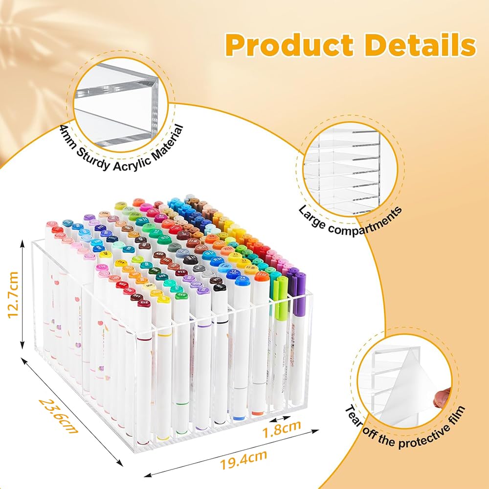Acrylic Marker Organizer, Clear 126-Capacity Art Marker and Pencil Holder with 18 Compartments, Desktop Display Stand for Pens, Brushes and Office Supplies Storage, Clear