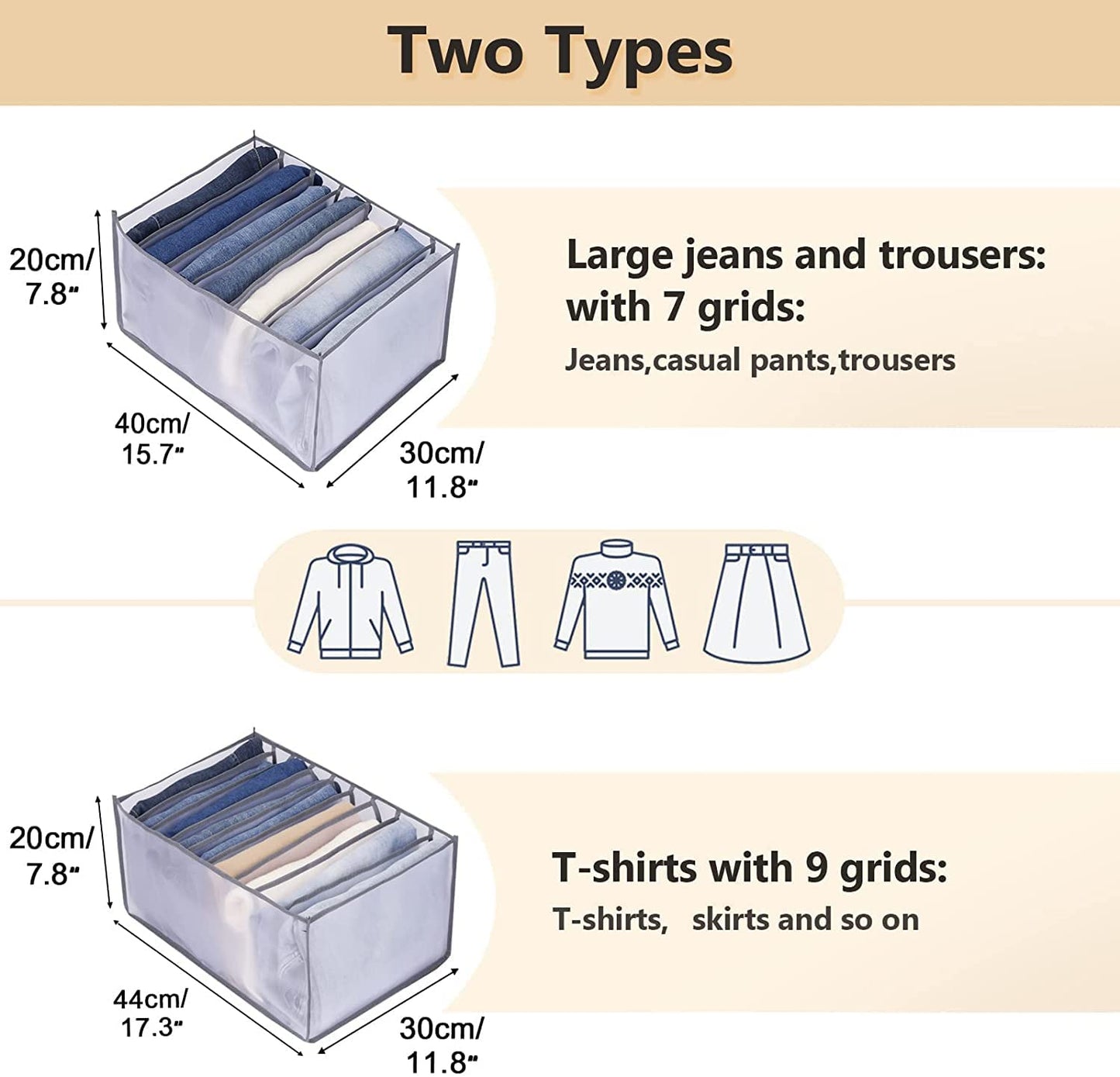Foldable Nylon Clothes Organizer, 2-Pack Drawer Dividers for Clothing, Jeans, Closet Storage Box, Wardrobe Organizing Solution, Breathable & Durable Fabric, Space-Saving Closet Organizer