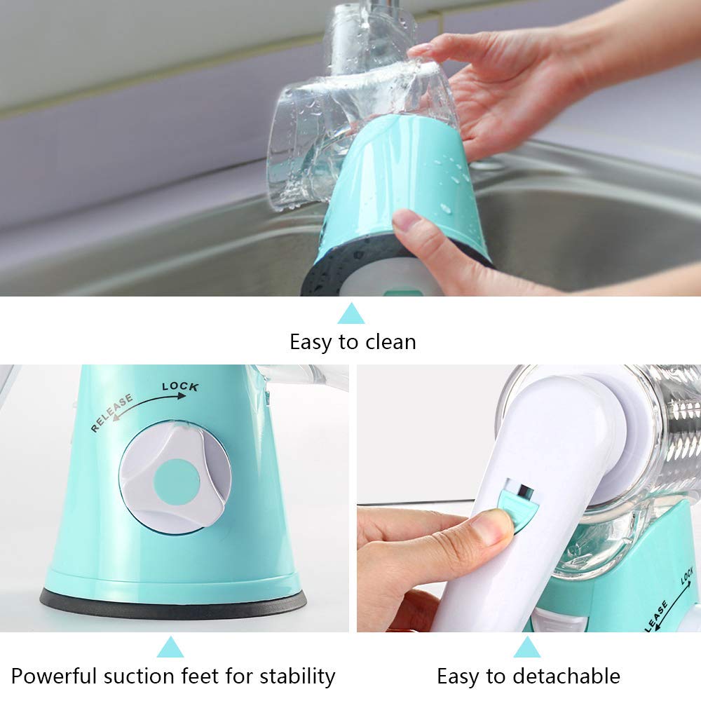 مبشرة جبن يدوية دوارة - قطاعة ماندولين دائرية بقاعدة شفط قوية، قطاعة خضراوات، مطحنة مكسرات، مفرمة جبن متعددة الأغراض