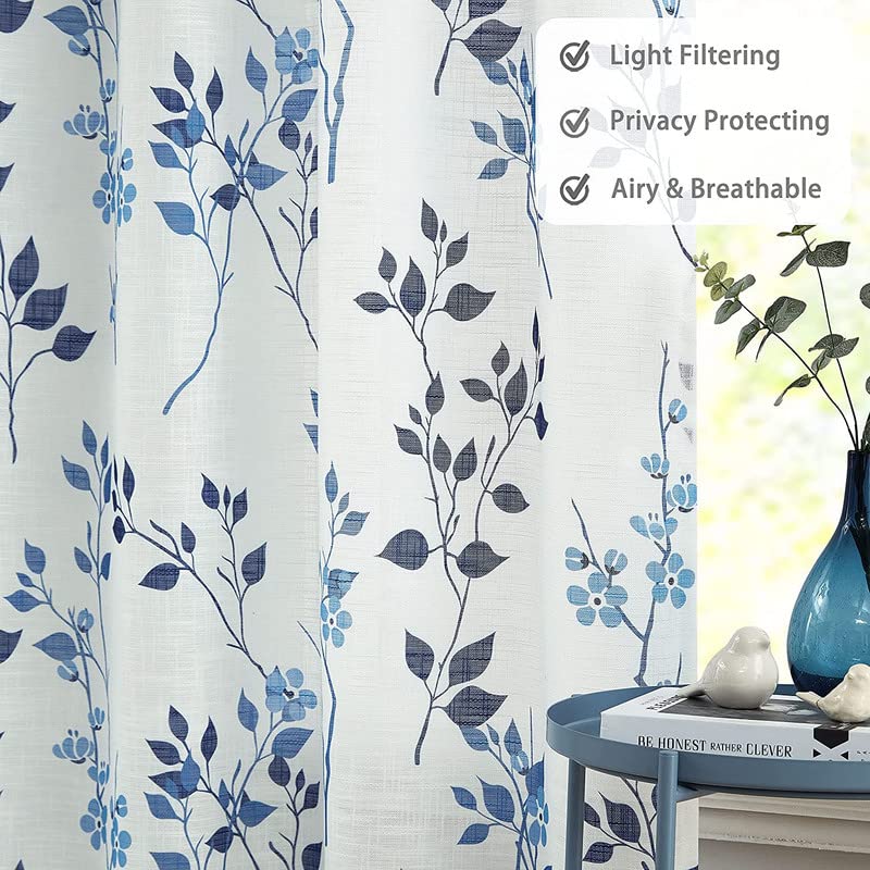 Rich Natural Linen curtains - Printed floral curtains- Semi-transparent - Steel grommets for living room, bedroom, kitchens, 1 piece