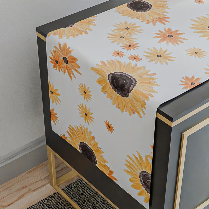 مفرش طاولة قطني بنقشة دوار الشمس، قطعة مركزية مزخرفة باللونين الأبيض والأصفر، 35×140 سم، لمسة مشرقة ومبهجة لإضفاء أجواء مشمسة وإيجابية على طاولة الطعام الخاصة بك