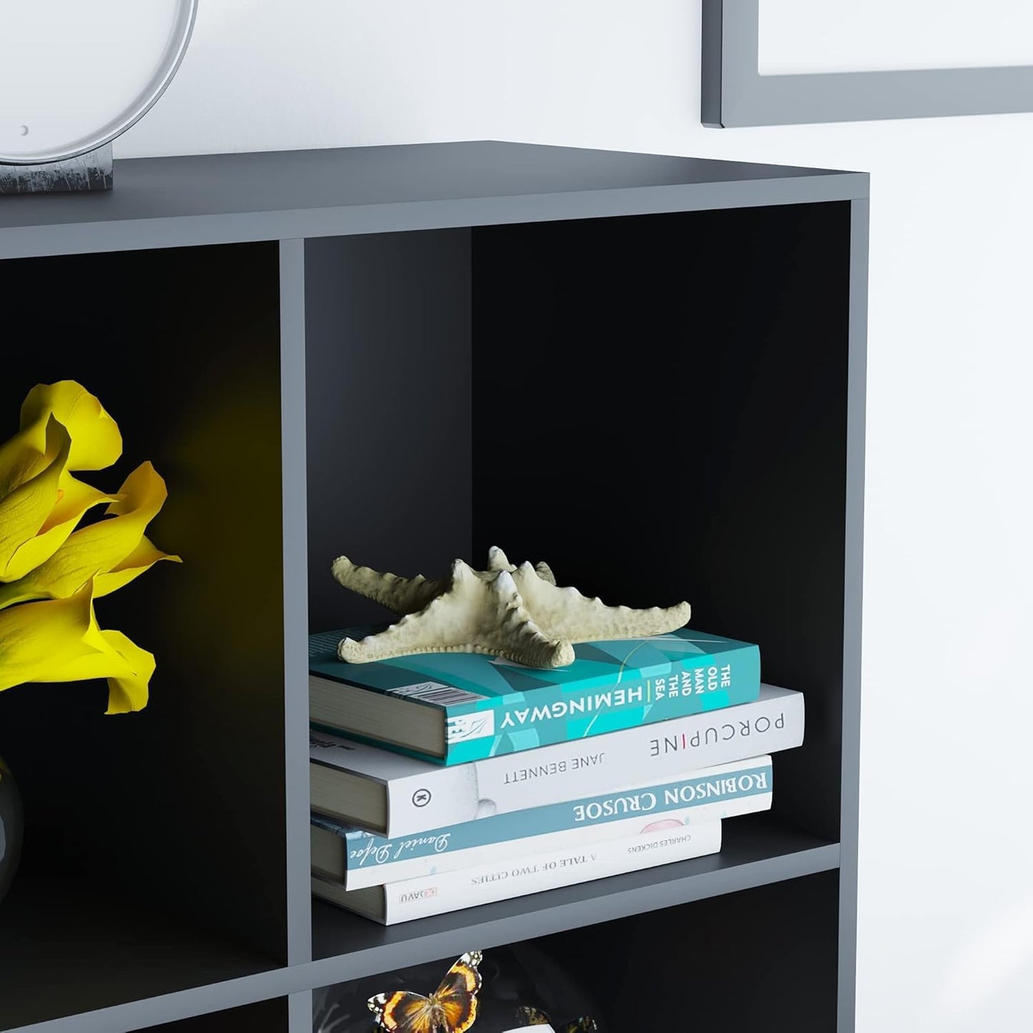 Storage Bookcase with 9 Cubes, Large Capacity Organizer for Home or Office Living Room, Manufactured Wood in a Sleek Black Finish, Freestanding and Versatile Shelf