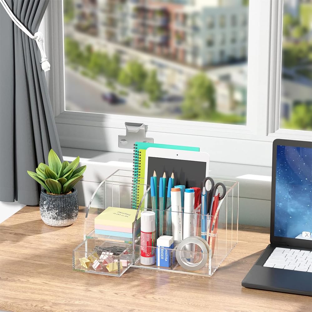 Acrylic Desk Organizer, Clear Office Supplies Storage Solution with 8 Compartments & 1 Sliding Drawer, Multi-Functional Desktop Stationary Caddy for Home, School & Office Use