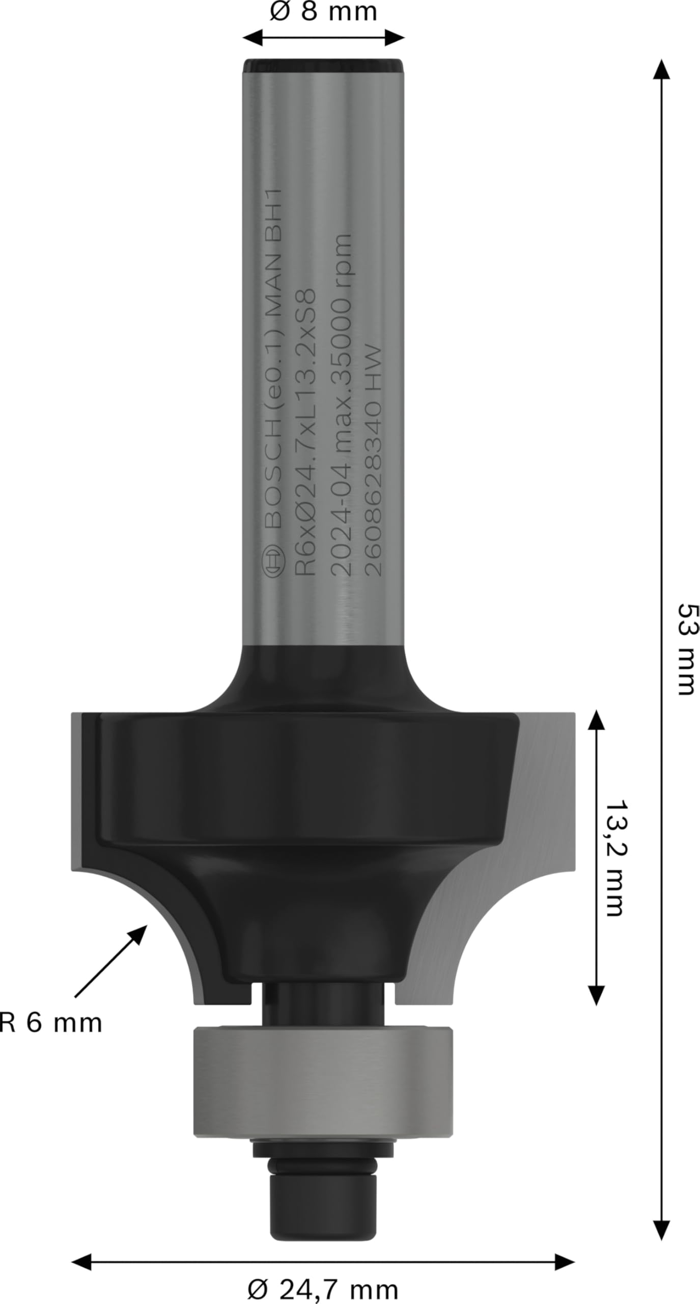 Bosch Professional 2608628340 Rounding Router Bit, Silver, 8 x 24.7 x 53 mm