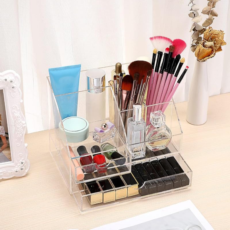 All-in-One Clear Acrylic Office Supplies Organizer, Large Desktop Caddy with 2 Drawers and 7 Compartments for Pens, Paper, and Accessories, Perfect for Home, Office, and Dorm