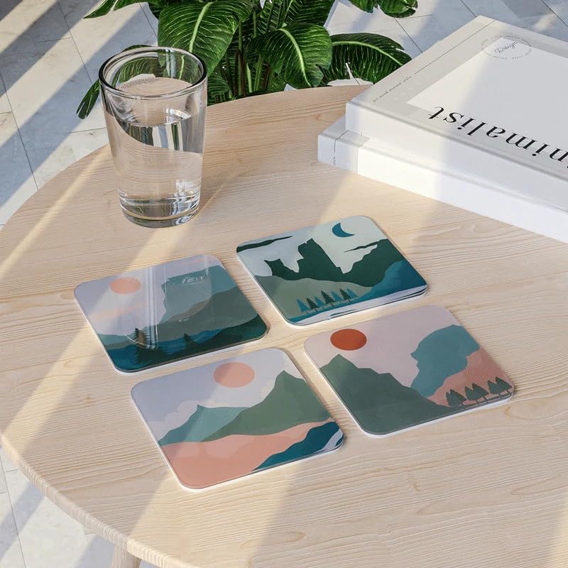 Acrylic Coaster Set of 4, 9×9 cm, Heat and Moisture Resistant Drink Coasters, Mountain Landscape Design, Acrylic for Coffee Tables Desks Dining Decor, Set of Decorative Mats