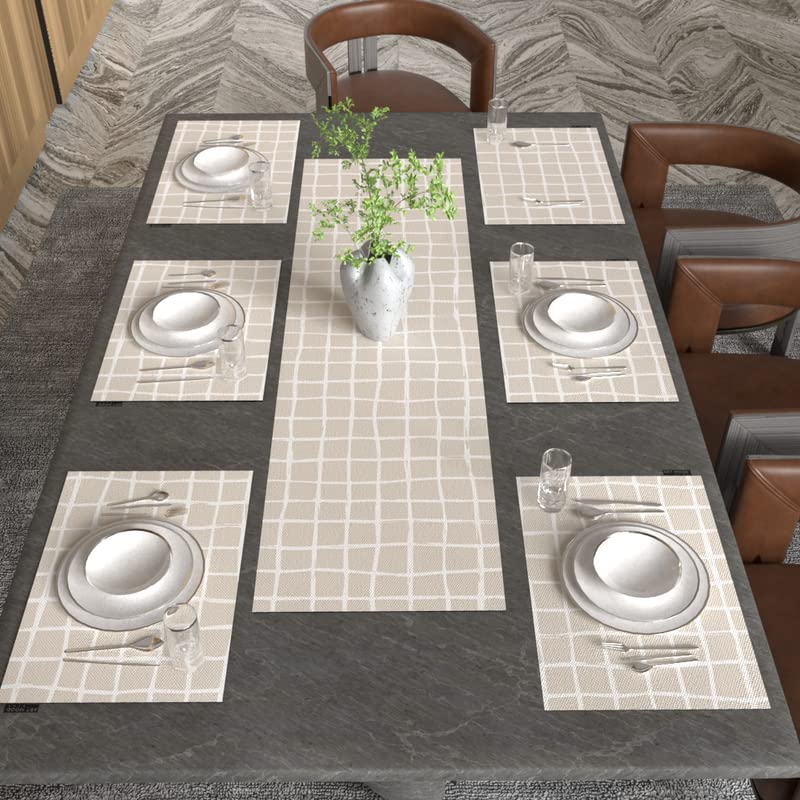Haven 2 7-Piece Dining Set, includes 6 Durable Canvas Placemats (45x30 cm) and 1 Table Runner (35x140 cm), Beige & Blue, a Chic, Modern Design to Protect and Beautify your Table