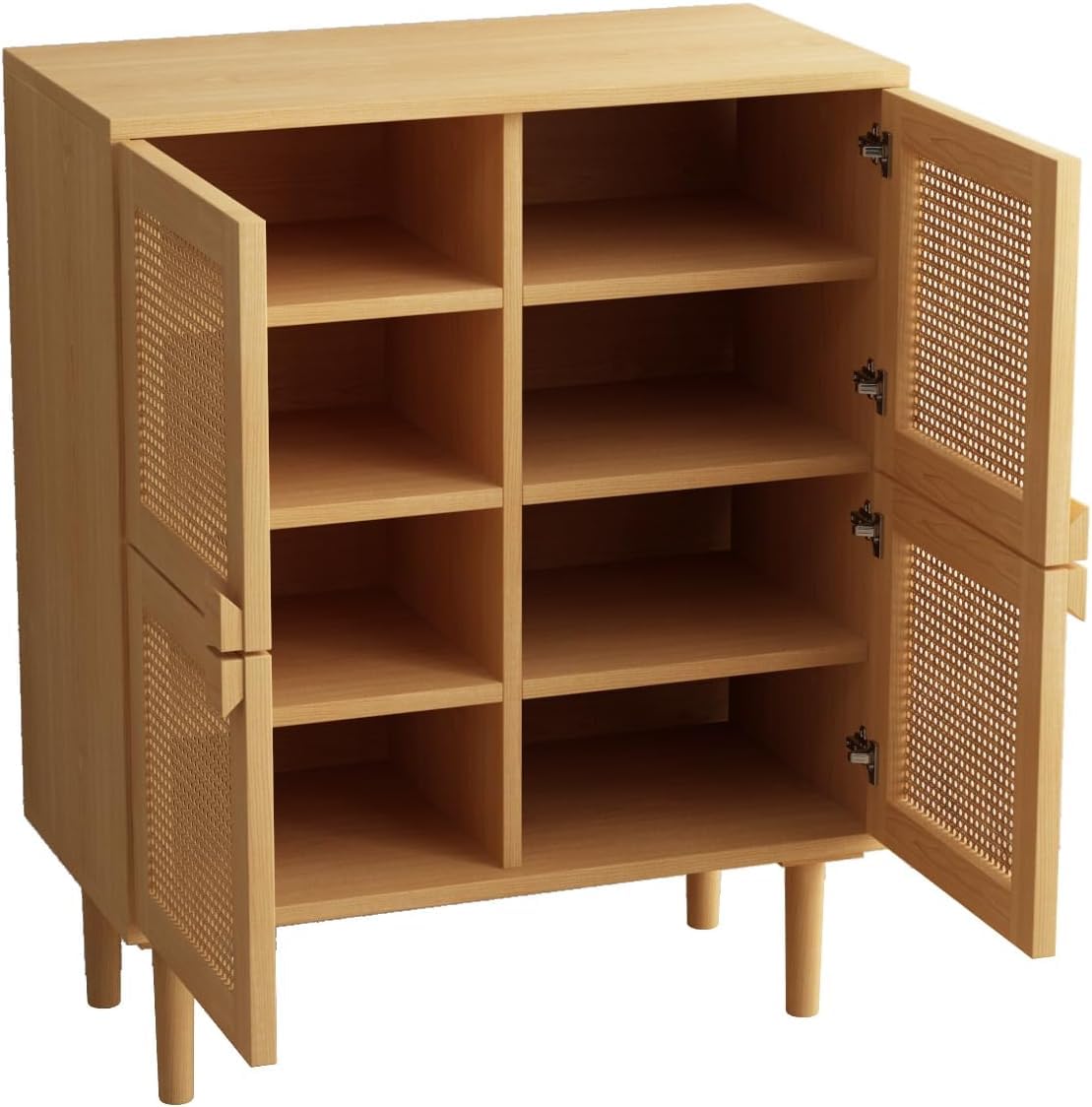 Modern Cane Storage Cabinet, 4-Door Wooden Sideboard with Rattan Panels, Natural Oak Finish